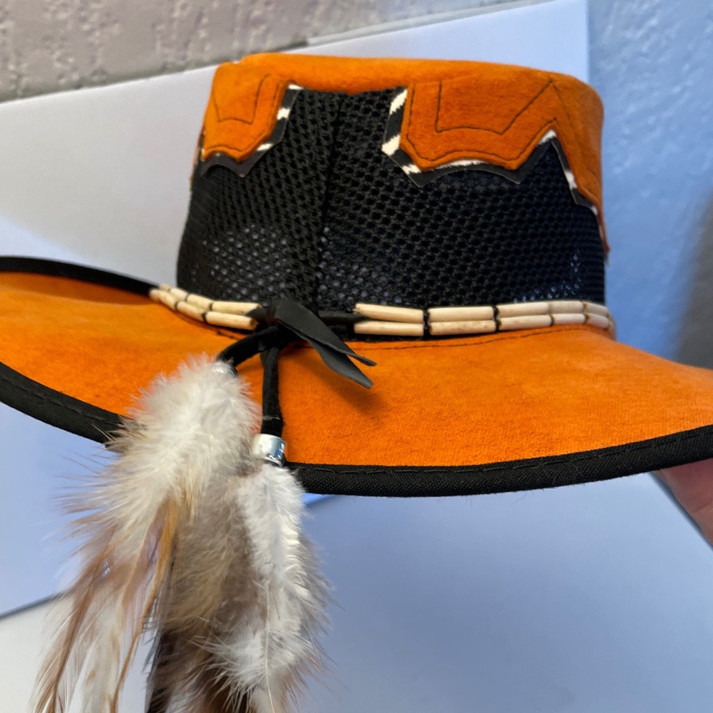 Orange Suede Cowboy Hat- Zebra Print & Feather Detail, Funky Western Style